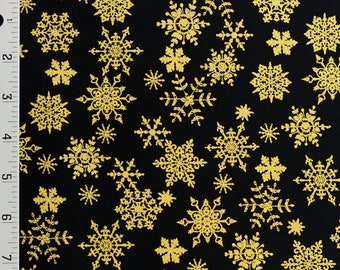 Black Metallic Gold Snowflakes Christmas Cotton Fabric - Choose Size