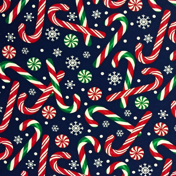 Candy Cane Peppermint Snowflakes Navy Christmas Cotton Fabric - Choose Size