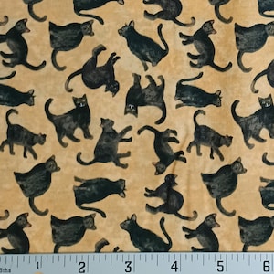May include: A beige fabric with a repeating pattern of black cats in various poses. The fabric is textured and has a subtle sheen.