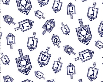Festival Of Lights Dreidel Hanukkah Cotton Quilt Fabric White Navy