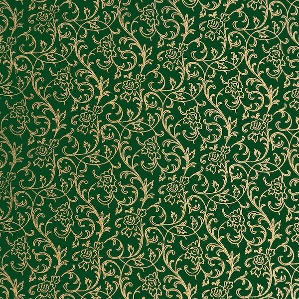 Christmas Holiday Green Gold Scroll Filigree Damask 100% Cotton Fabric Classic