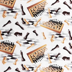 Chess White Checkmate Robert Kaufman Cotton Fabric Pawn Rook Bishop Knight Queen