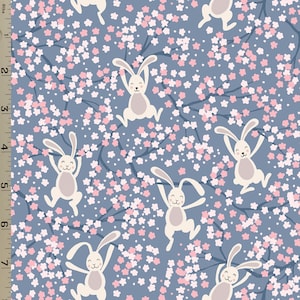 Swinging Bunnies Denim Blue Cotton Fabric Lewis & Irene Easter Rabbit Hare Cherry
