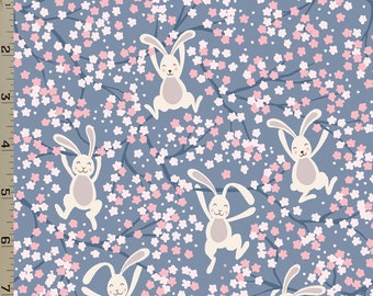 May include: A seamless pattern featuring white bunnies with pink noses and ears, jumping in a field of pink and white flowers on a blue background.