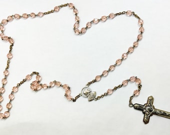 Vintage Art Deco Italian Rosary Faceted Pink Glass 6mm Beads Brass Chain