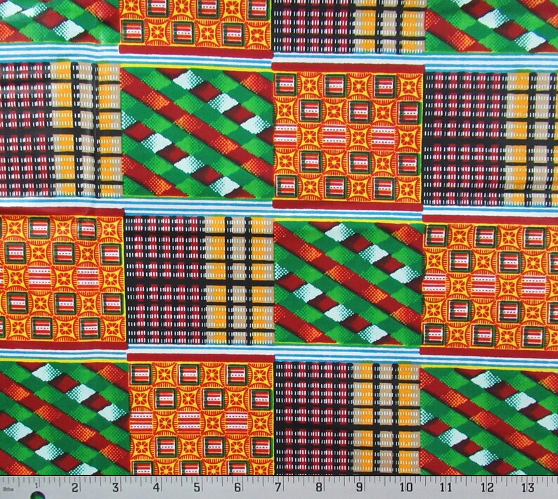 African KENTE Print Hitarget 100/% Cotton Blocks Green Red Yellow Black Sold By The Yard
