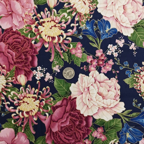 Sakura Navy Floral w/ Metallic Cotton Fabric Timeless Treasures Chong-A Hwang