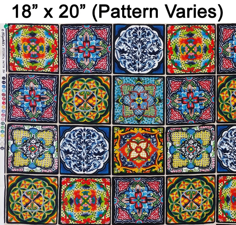 Royal Mexican Talavera Poblana Tile Cotton Fabric Panel Fiesta Collection CHOOSE SIZE image 2