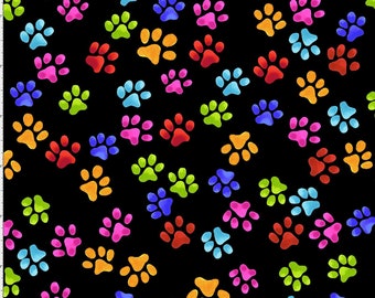 Paw Beans Prints Cat Dog Kitty Pupper Black Multi Rainbow Cotton Fabric Loralie Design
