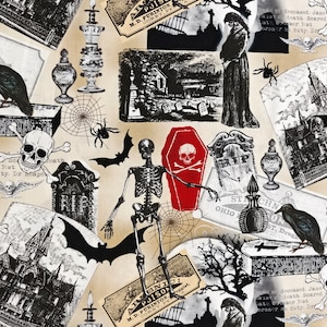 May include: A black and white fabric with a spooky Halloween theme. The fabric features images of skeletons, bats, skulls, coffins, and haunted houses. The fabric also includes text such as "Poison!" and "RIP".