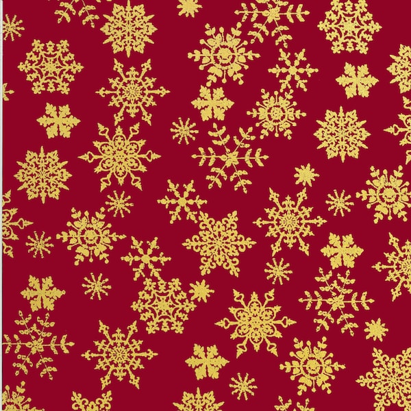 Red Metallic Gold Snowflakes Christmas Cotton Fabric - Choose Size