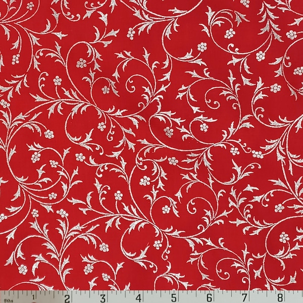 Robert Kaufman Holiday Flourish Snow Flower Cotton Fabric Christmas Red & Silver Scroll