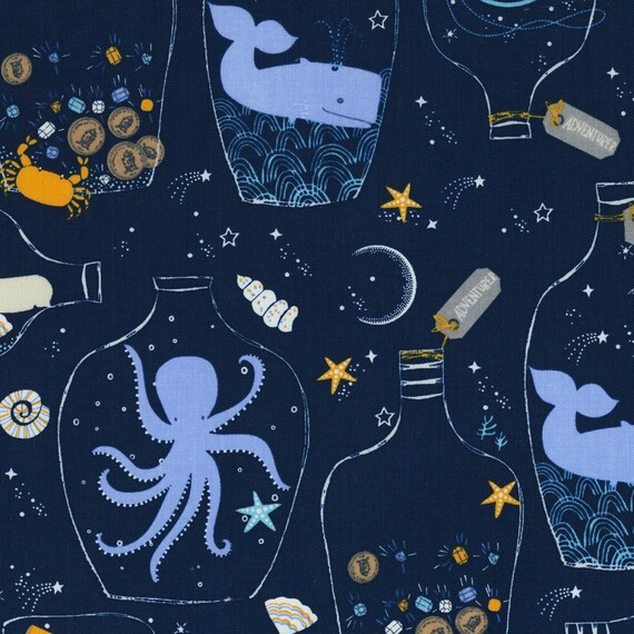 Fat Quarter Message In A Bottle Whales On Navy Blue 100/% Cotton Quilting Fabric