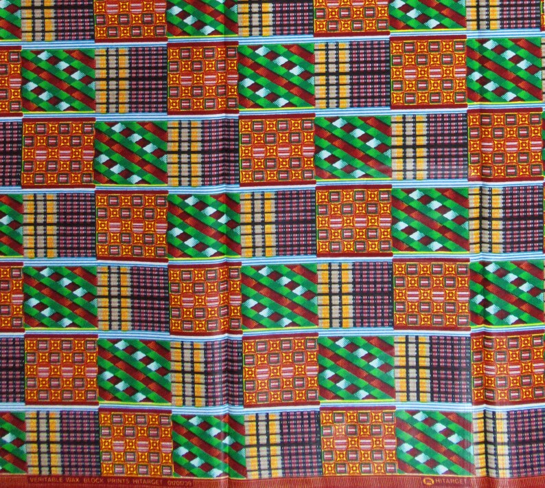 African KENTE Print Hitarget 100/% Cotton Blocks Green Red Yellow Black Sold By The Yard