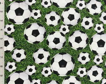 Soccer Balls Field Green Grass Futbol Sports Cotton Quilt Fabric
