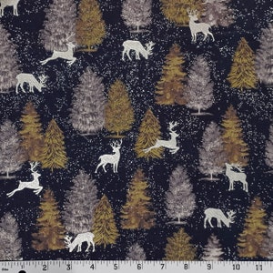 Winter Christmas Tree Metallic Silver Reindeer Brother Sister Cotton Fabric
