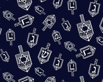 Festival Of Lights Dreidel Hanukkah Cotton Quilt Fabric Navy White