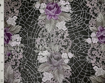 Halloween Black Rose Metallic Web of Roses Cotton Fabric Maywood Goth Vampire