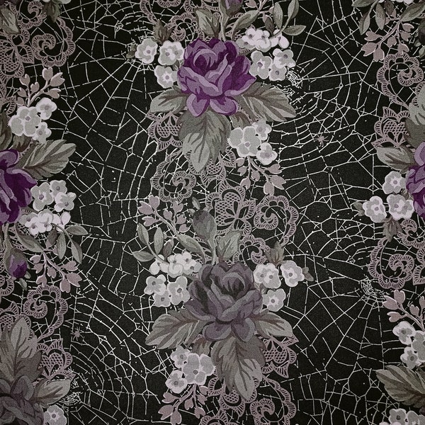 Halloween Black Rose Metallic Web of Roses Cotton Fabric Maywood Goth Vampire