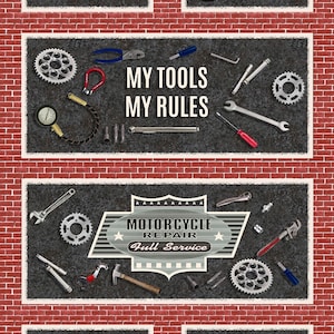 My Tools My Rules Motorcycle Bike Cotton Henry Glass Fabric 23&quot; x 44&quot; Panel