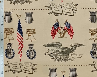 Primitive Americana Cotton Quilt Fabric Patriotic Eagle Liberty Bell Flag USA