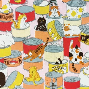 Cat Food Cans Kitties Neko Cotton Quilt Fabric Cosmo Japan COSAP12902-1C Pink