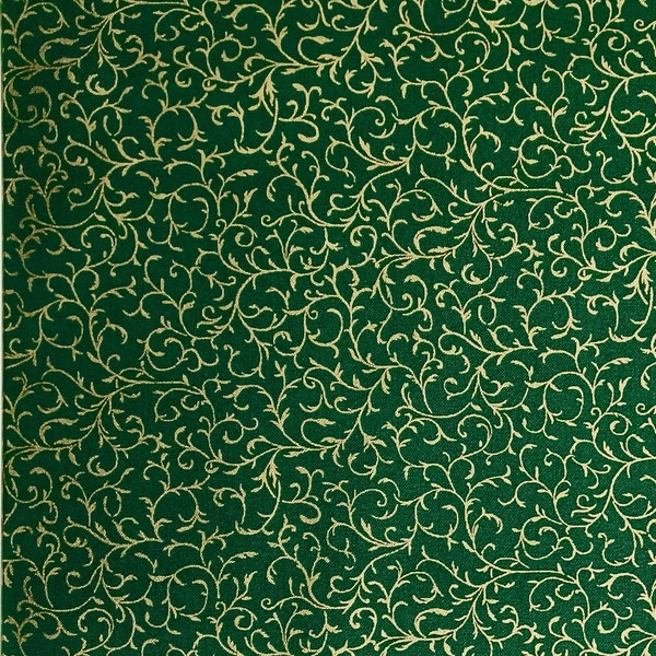 Green Metallic Gold Scroll Christmas Holiday Cotton Fabric Andover UK