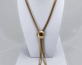 Vintage 40-50s Signed Crown TRIFARI Gold Tone Lariat Bolo Snake Chain 36” Necklace