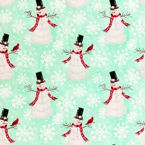 Home for the Holidays Aquamarine Green Snowmen Cotton Fabric 3 Wishes Christmas Yule