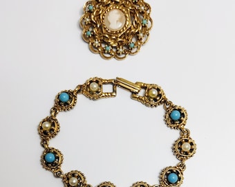 Vintage 1960s Victorian Revival Brooch Bracelet Cameo Faux Pearls Faux Turquoise