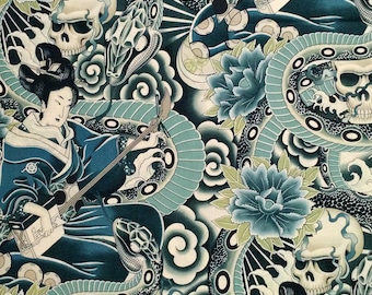 Zen Charmer Japan Geisha Skull Snake Shamisen Alexander Henry Cotton Fabric Teal