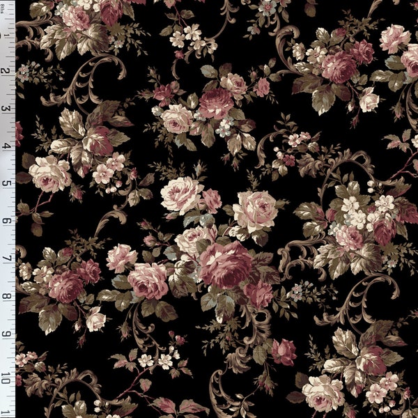 CLASSIC LIBRARY III Black Shabby Floral Cotton Quilt Gate Fabric QUGRU2460-12E