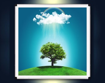 Grassy landscape print with tree and rain cloud