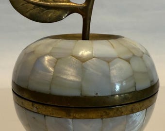 Vintage Mother of Pearl And Brass Lidded Apple Trinket Box Made in India