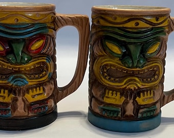 Vintage Made in Japan Tiki Mug X 2  Flat Matte Colorful Polynesian Culture Decorative