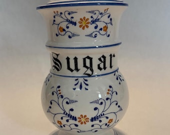 Azucarero de porcelana vintage Royal Sealy Heritage, blanco, azul, con hojas y flores amarillas.