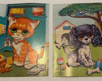 Vintage 3D Big Eye Print: Dog & Cat in Kitchen, 1960s Nursery Art