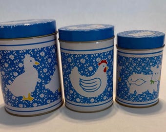 Vintage blikken eend kip koe blauw witte nesten bussen set 3 landhuisjes kern