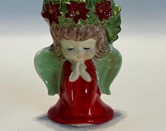 Vintage Lefton Christmas Angel 4” Candle Holder Green Red Poinsettia Brown Hair Girl