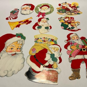 Vintage Christmas Santa Claus Die Cut Decorations Flocked Lot of 10