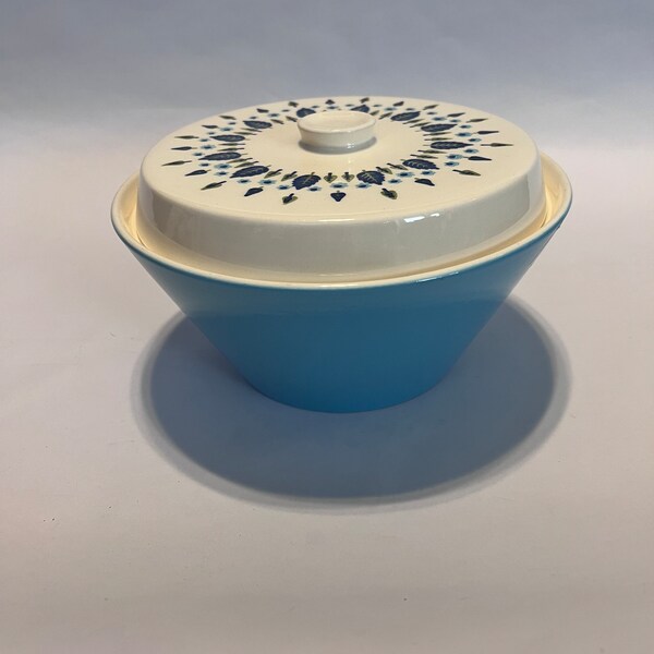 Vintage Marcrest Alpine Swiss Mid-Century Modern Serving Bowl Blue Cream Lidded Trees Leaves