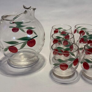 Vintage Dunbar Clear Glass Tomato Juice Pitcher With 6 Glasses MCM Handpainted