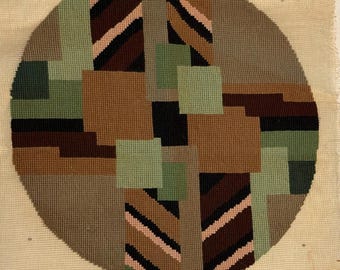 Vintage MCM Finshed Needlepoint Fiber Art Wall Hanging Seat Cover Geometric Taupe Brown Green