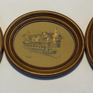 Vintage Clyde Cole Artwork Oval Frames English Scenes X 3 Stratford Banbury Tewkesbury