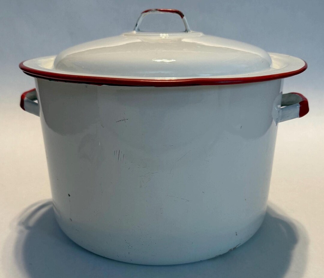 Vintage White Red Enamel Pot With Lid Country Farmhouse - Etsy