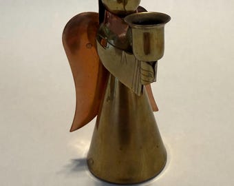 Portacandele vintage in ottone Cooper da 4 1/2” a forma di angelo, religioso, natalizio