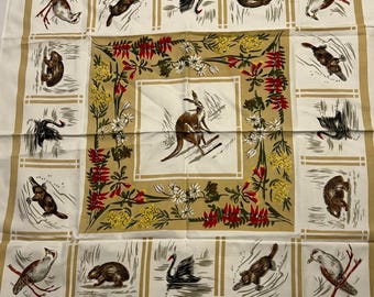 Mantel vintage de aprox. 86 x 82 cm, cuadrados de animales australianos, tapiz de canguro, wombat y ornitorrinco.