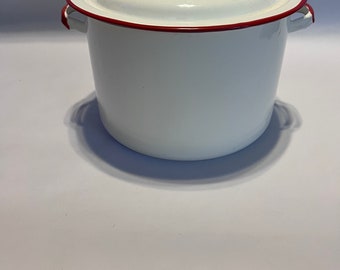 Vintage White and Red Enamel Stock Pot Farmhouse Kitchen