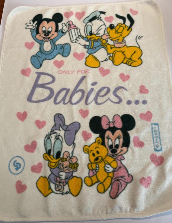 Vintage Disney Babies Toddler Baby Blanket Mickey Minnie Donald Pluto Daisy  White Pink Hearts 42” x 54”