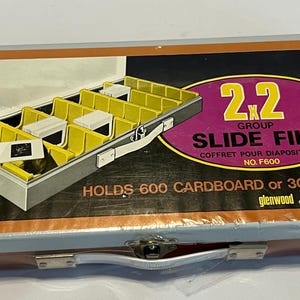 Pudełko na dokumenty Glenwood Vintage 2 x 2 Slide File mieści 600 kartonów lub 300 szklanych slajdów, metalowe zdjęcia do przechowywania